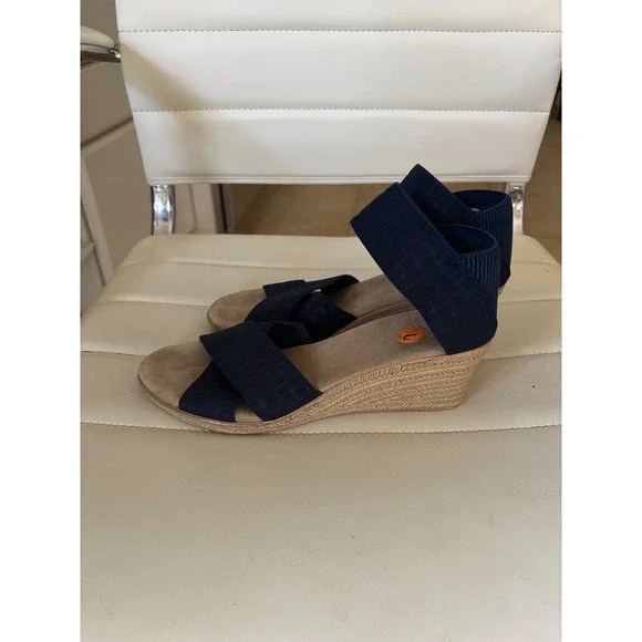 Navy Blue Wedge Espadrille Sandals Women Elastic Ankle Strap Comfort - Picture 1 of 8